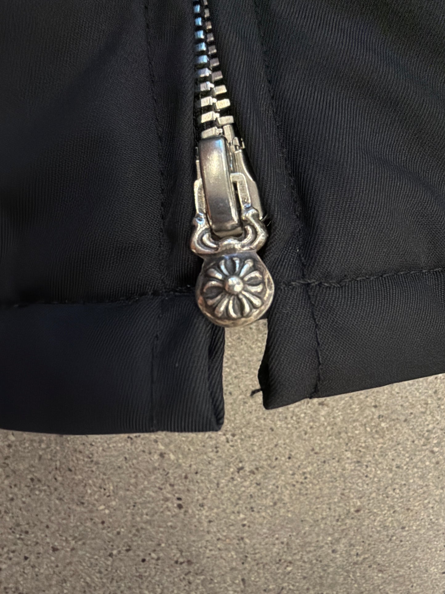 Chrome Hearts black Cobra racing jacket bottom hem zipper with silver floral cross pull