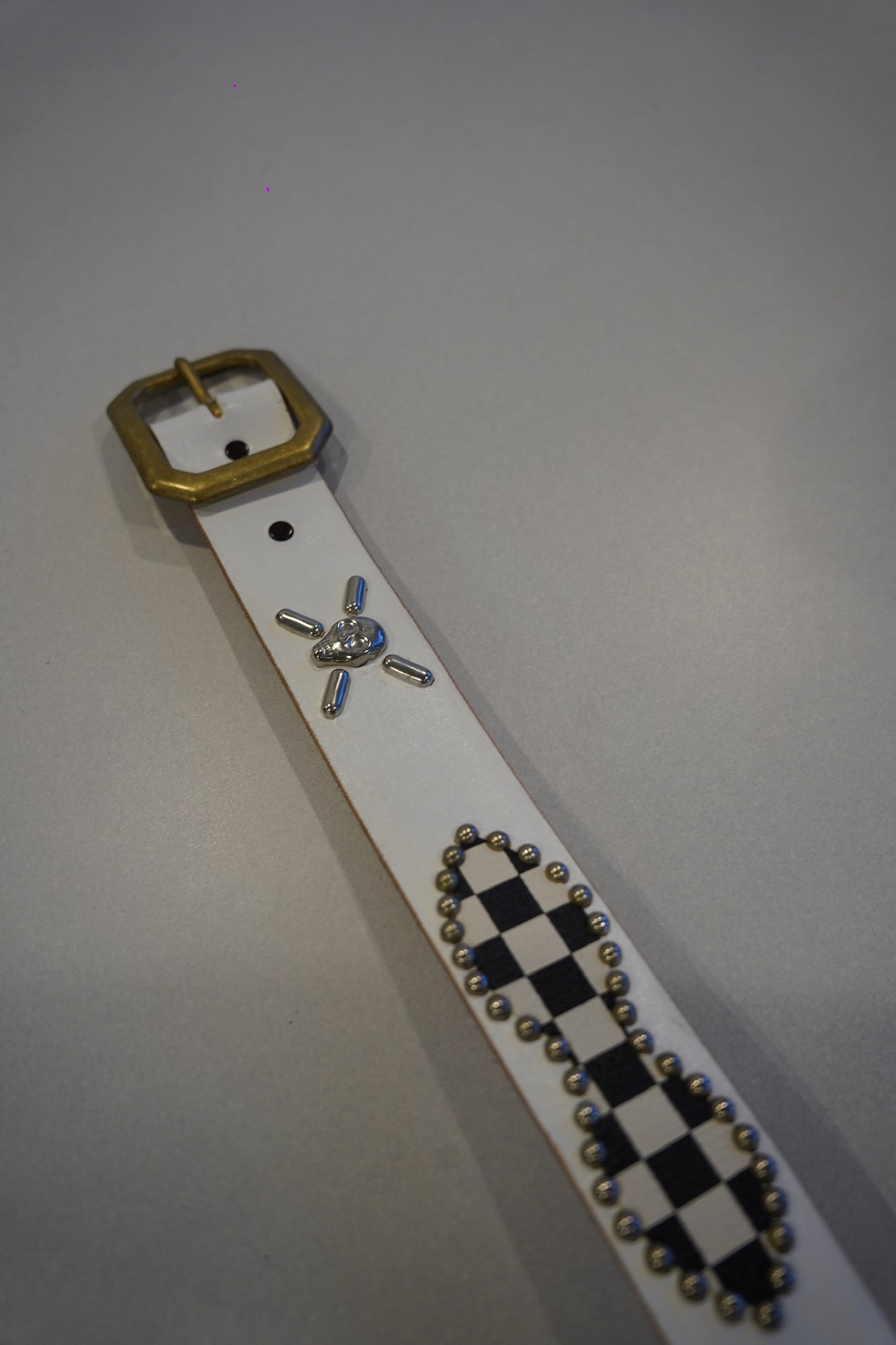 Vintage White Checkered Studded Leather Belt