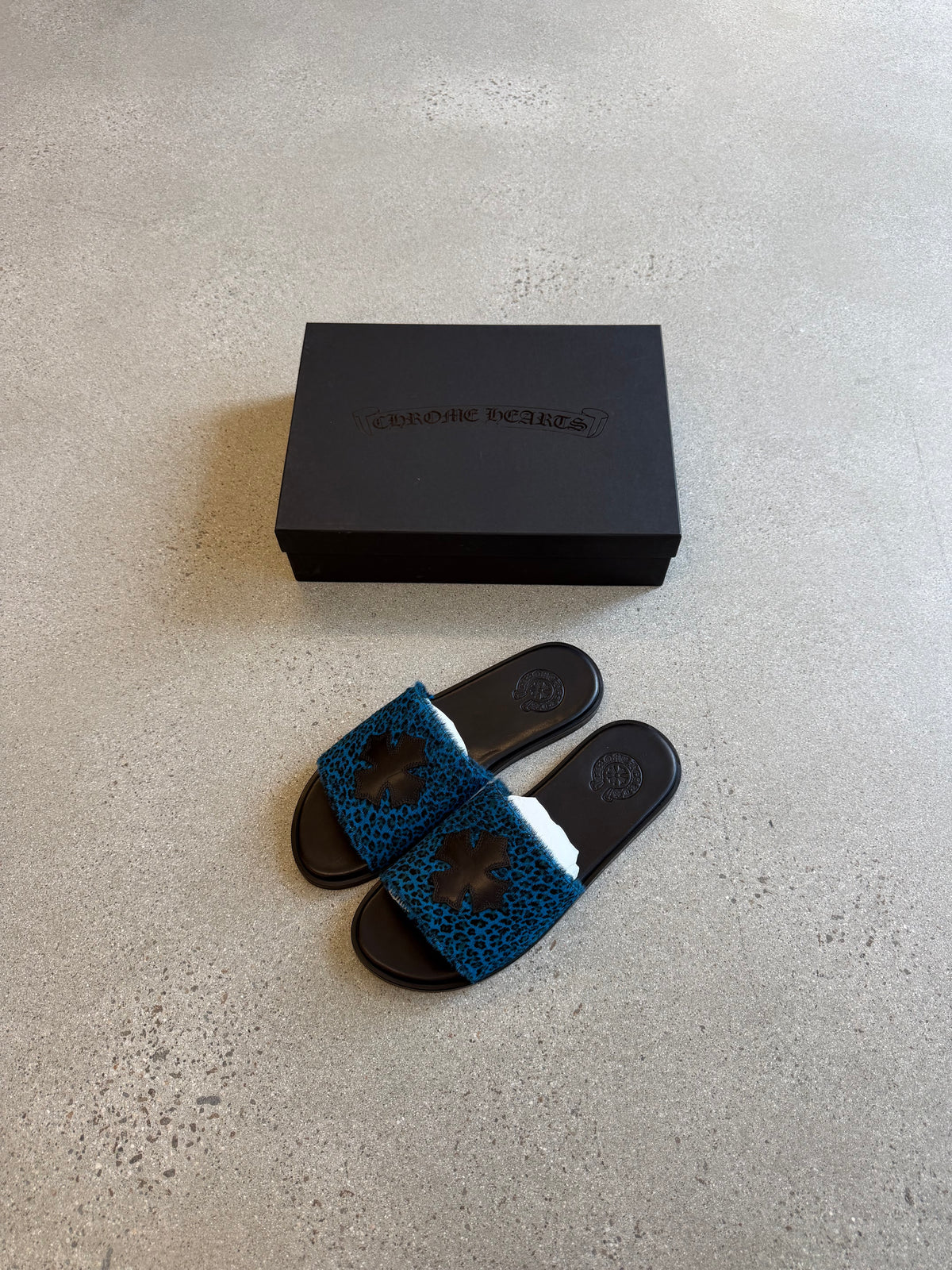 Chrome Hearts Plus Cross Patch Blue Leopard Slides