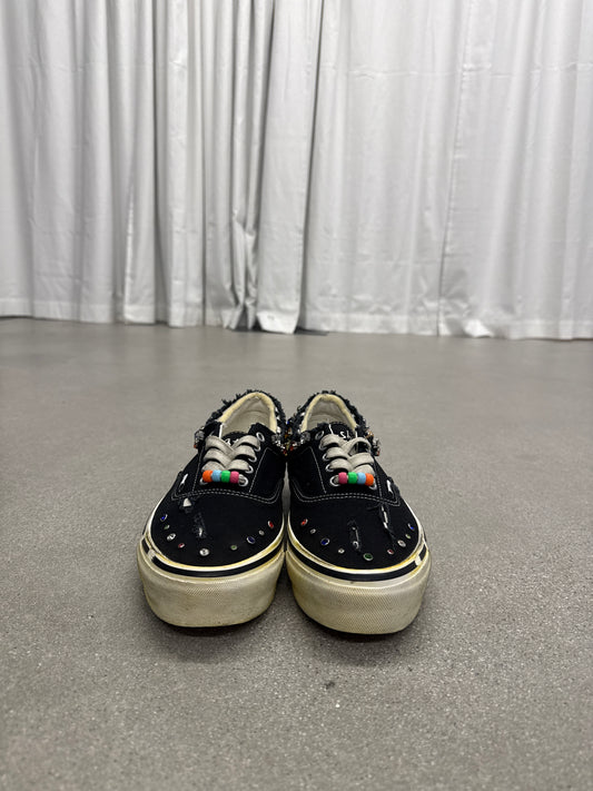 Satoshi Nakamoto Lucky Charm Vans, front view with multicolor beaded laces on distressed canvas
