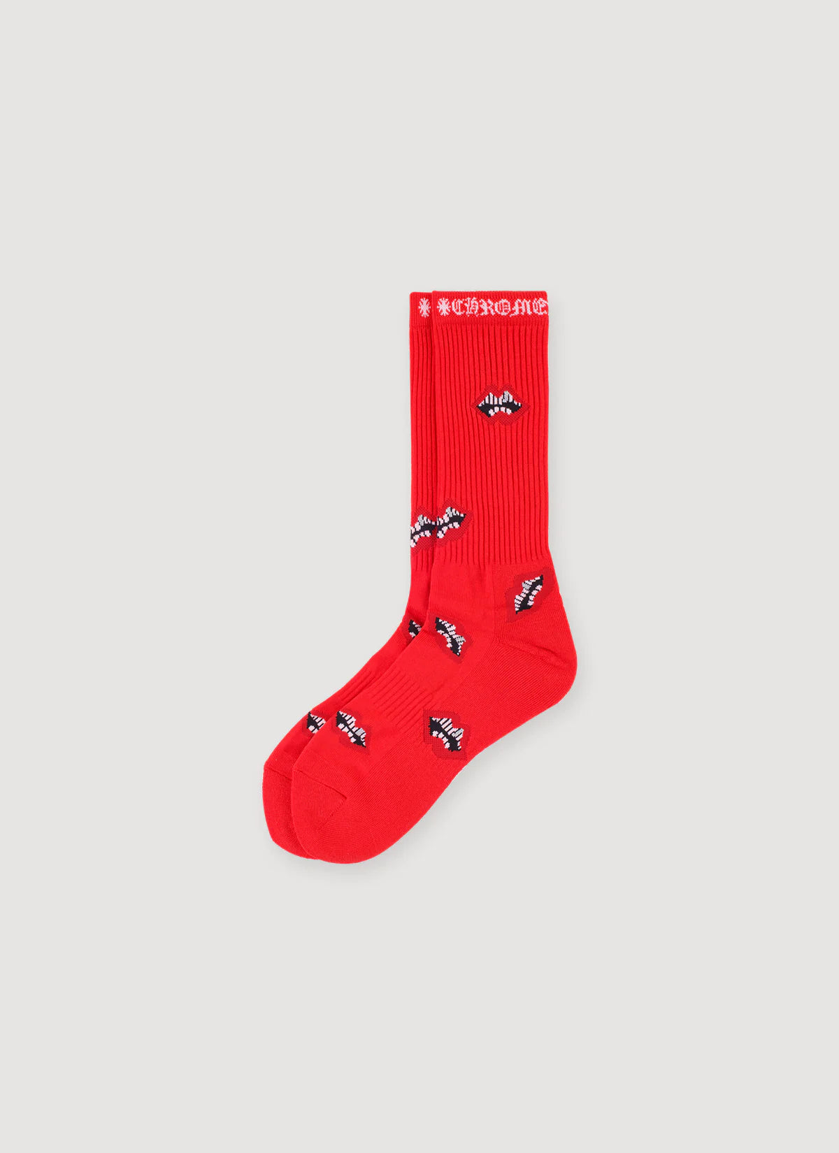 Chrome Hearts Matty Boy red crew socks with allover Chomper lips graphic and Chrome Hearts script at cuff
