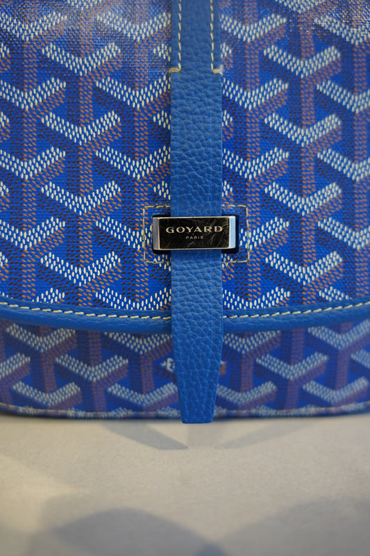 Goyard Belvedere PM blue Goyardine crossbody bag side view with adjustable leather strap and clean back panel.
