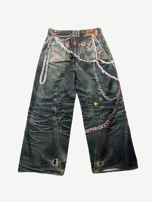 Acne Studios 1981F denim jeans back with trompe loeil chain print and pink Acne Studios logo across waist