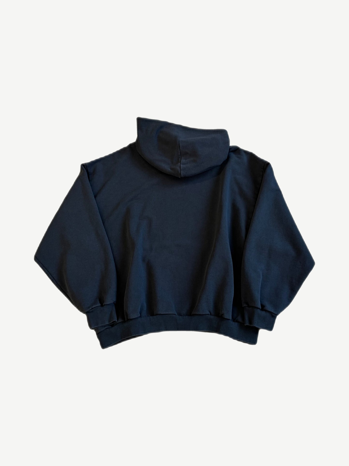 Balenciaga Lamborghini navy hoodie back view, oversized fit with peaked hood and clean unprinted rear panel.
