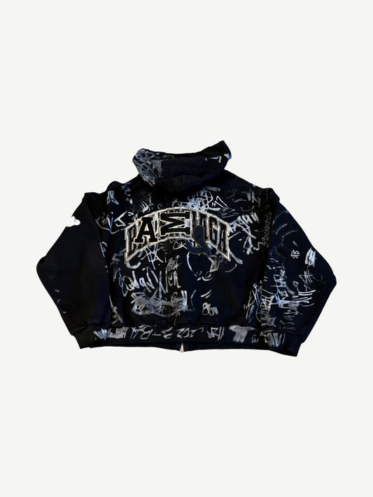 Balenciaga skater zip up hoodie back view with arched Balenciaga varsity logo over allover graffiti.