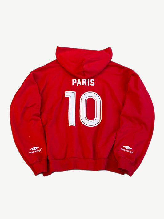 Balenciaga red soccer zipup back with large PARIS 10 jersey-style print and white Balenciaga sleeve tag