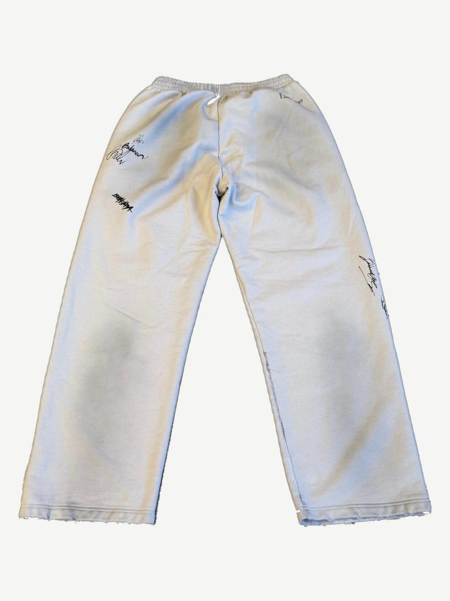 Balenciaga white banana baggy sweatpants back, hand-scrawled signature print on faded cotton fleece