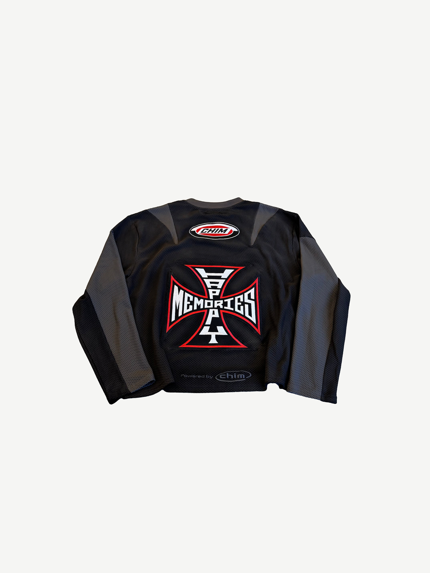HMDD black moto jersey back detail close-up of iron cross graphic on mesh racing fabric