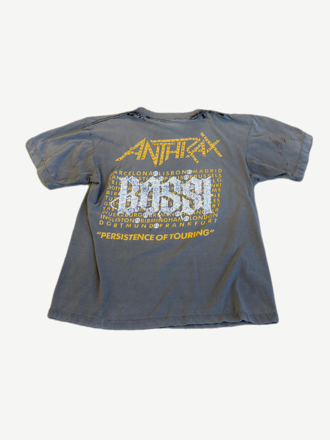 Bossi Anthrax Persistence of Touring tee back view with yellow logo and rhinestone-encrusted concert print