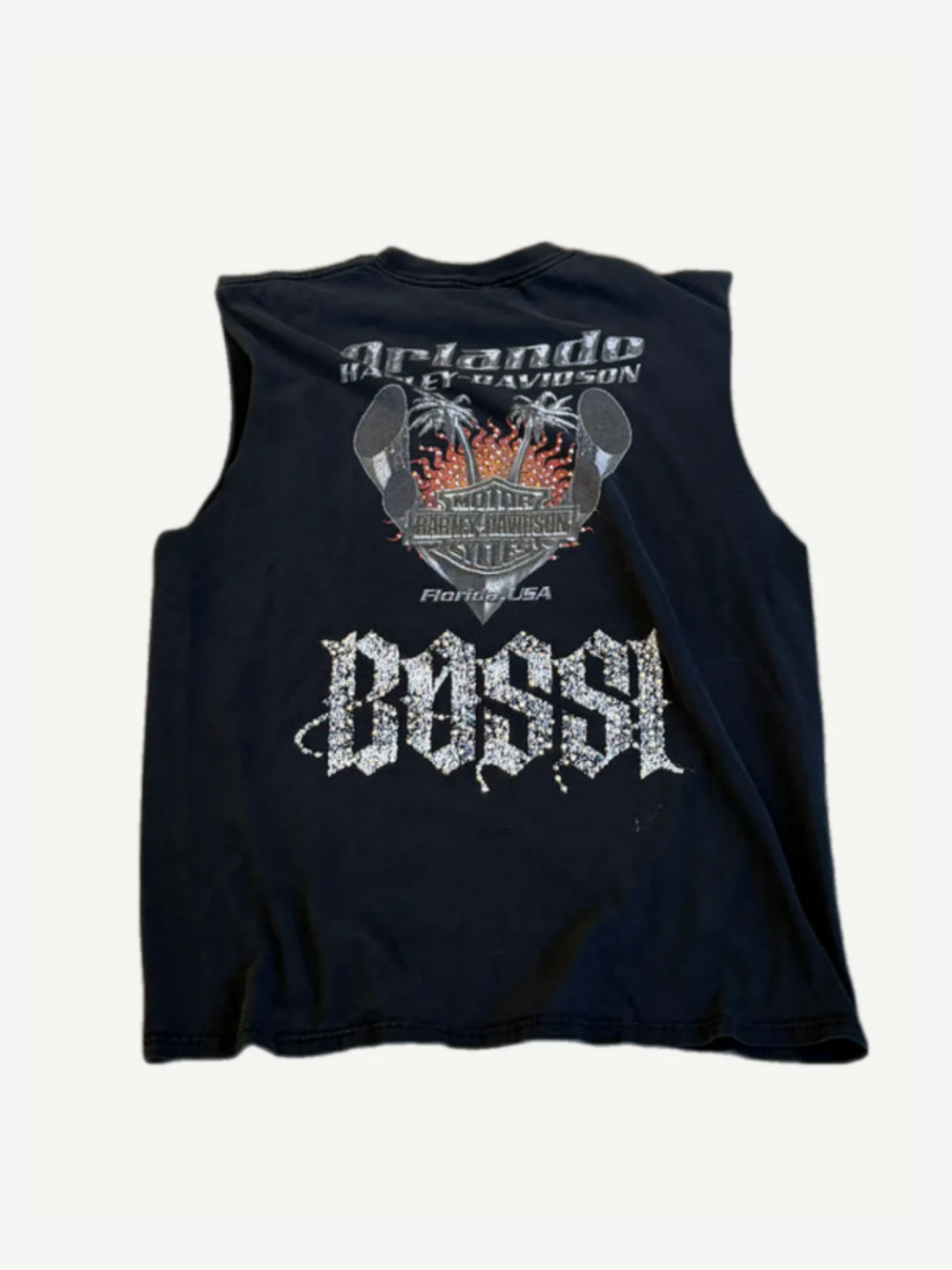 Bossi Harley Davidson Orlando studded cutoff tee back view with eagle and Orlando dealer graphic.