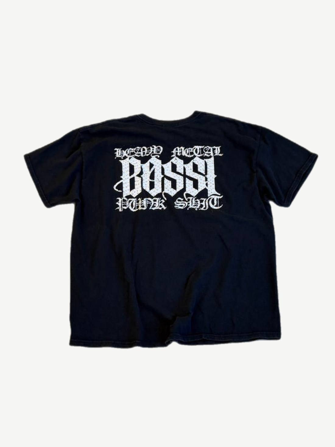 Back of Bossi black tee with Heavy Metal Bossi Punk Shit gothic script print across upper back