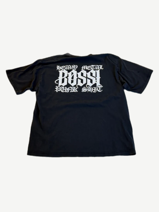 Bossi black tee back with large gothic Bossi typography and Heavy Metal Punk Shit text print