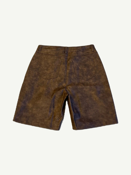 Bottega Desires brown leather shorts back view with B and D monogram pocket embroidery on aged leather