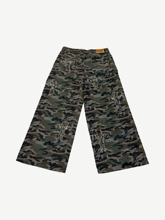 Bottega Desires camo denim back view with orange brand tab and embroidered cross patches scattered across legs