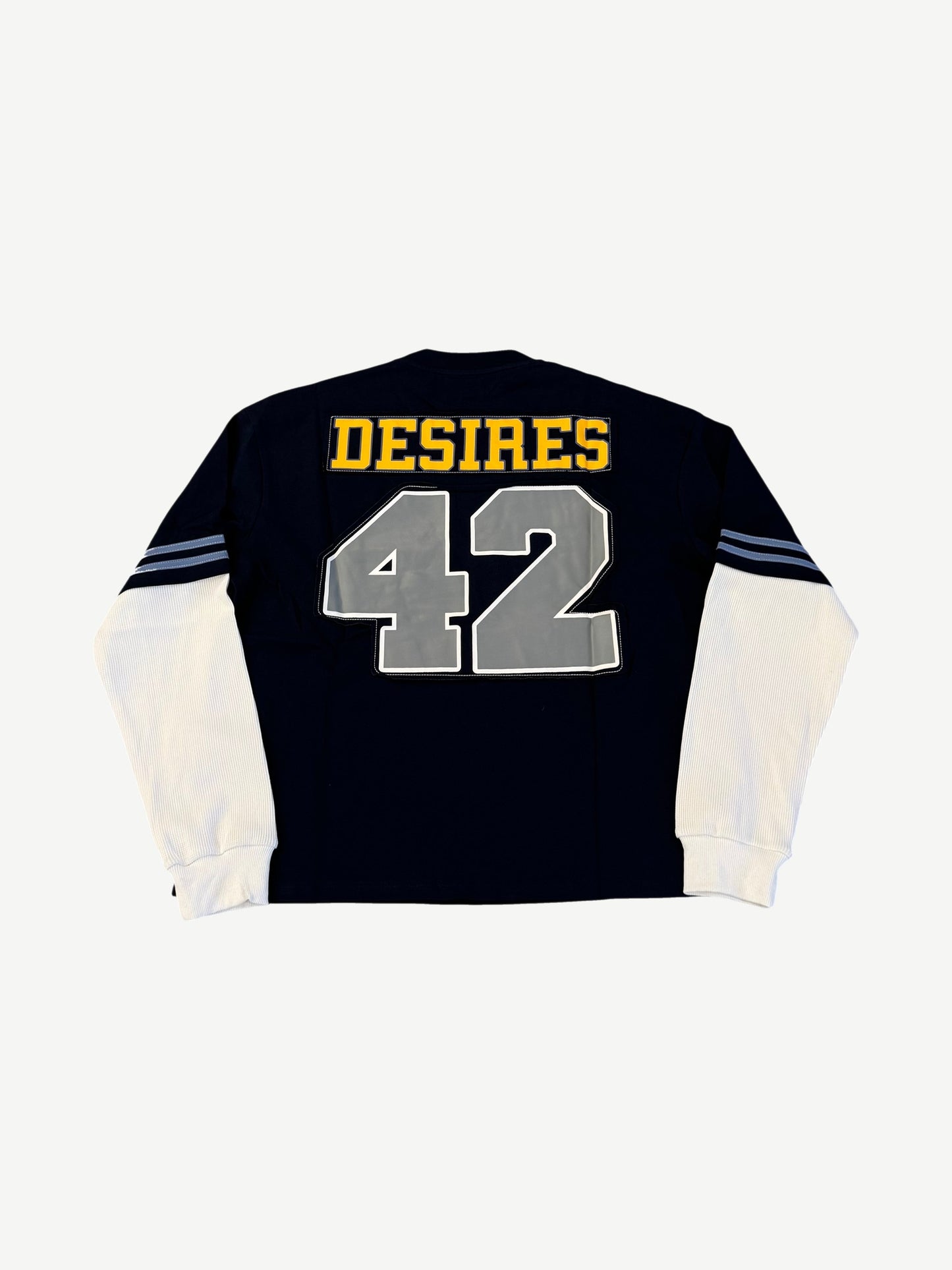 Bottega Desires navy jersey back with yellow DESIRES and reflective 42 patches plus white waffle sleeves