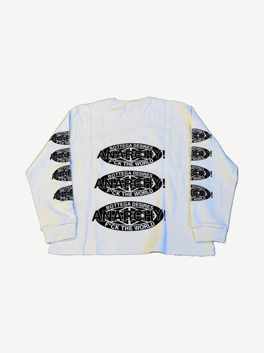 Bottega Desires Anarchy thermal back, stacked oval Anarchy F*ck The World prints down center and sleeves