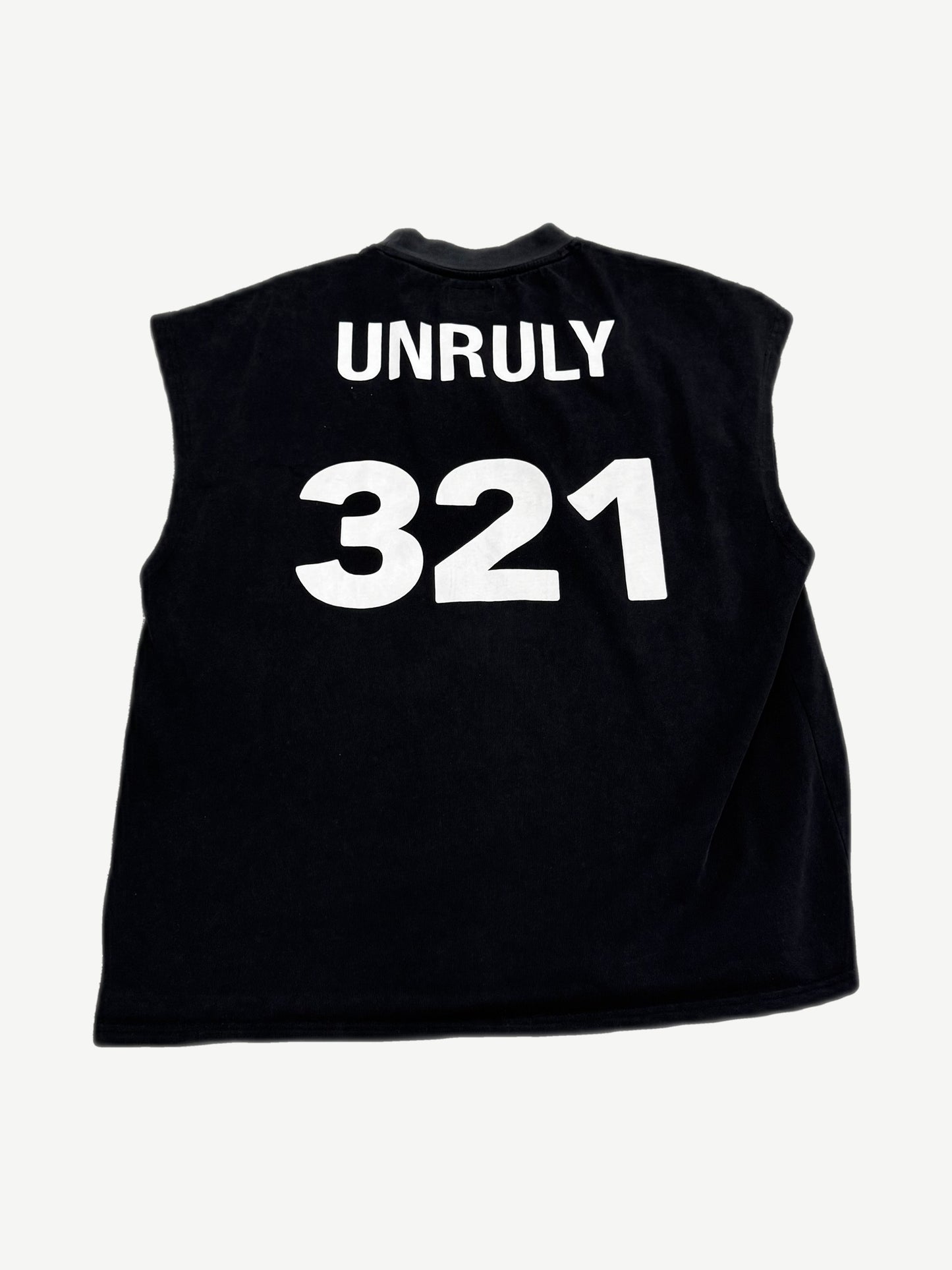 Bottega Desires Unruly cutoff tee back, faded black sleeveless with white block Unruly 321 print