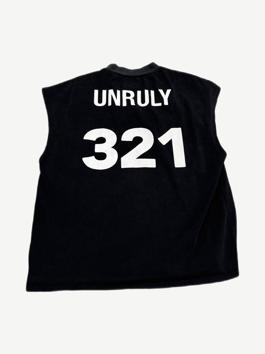 Bottega Desires Unruly cutoff tee back, faded black sleeveless with white block Unruly 321 print