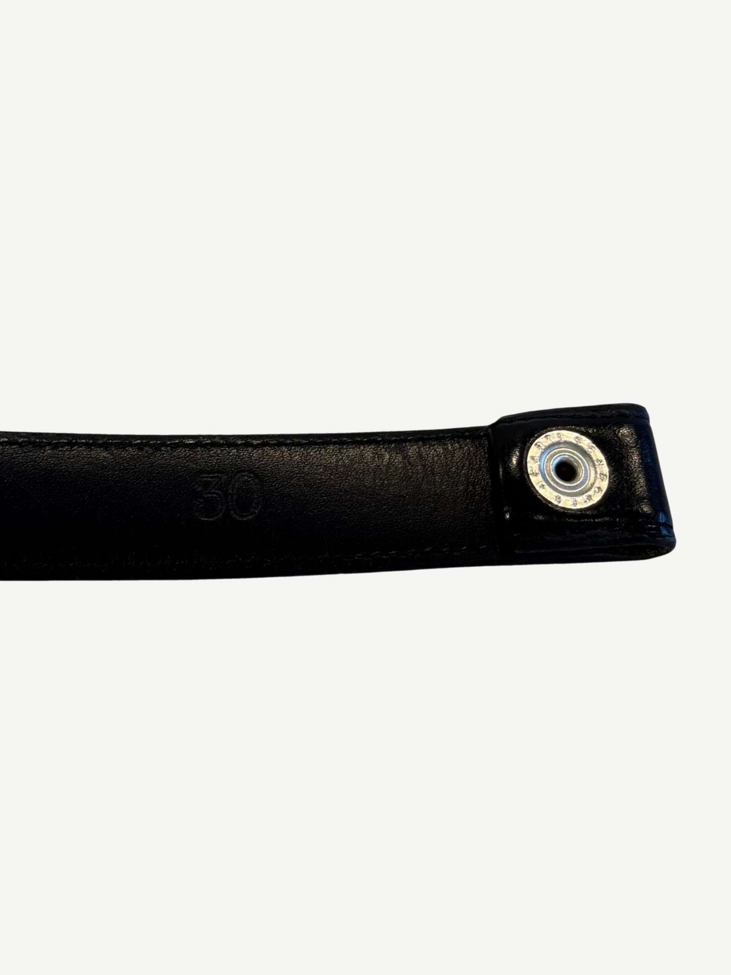 Chrome Hearts leather belt strap detail in black with embossed 30 size marking and silver snap closure