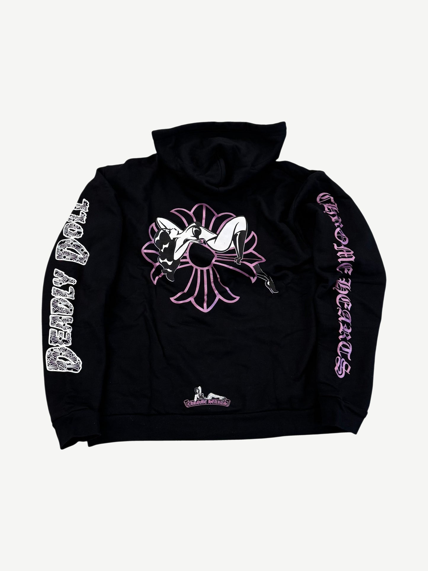 Chrome Hearts Deadly Doll hoodie back in black with large pink cross and pinup girl graphic and gothic sleeves