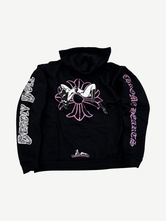 Chrome Hearts Deadly Doll hoodie back in black with large pink cross and pinup girl graphic and gothic sleeves