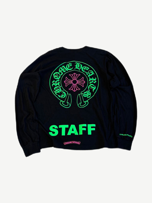 Chrome Hearts Staff longsleeve back view with green horseshoe, pink cross and STAFF text print