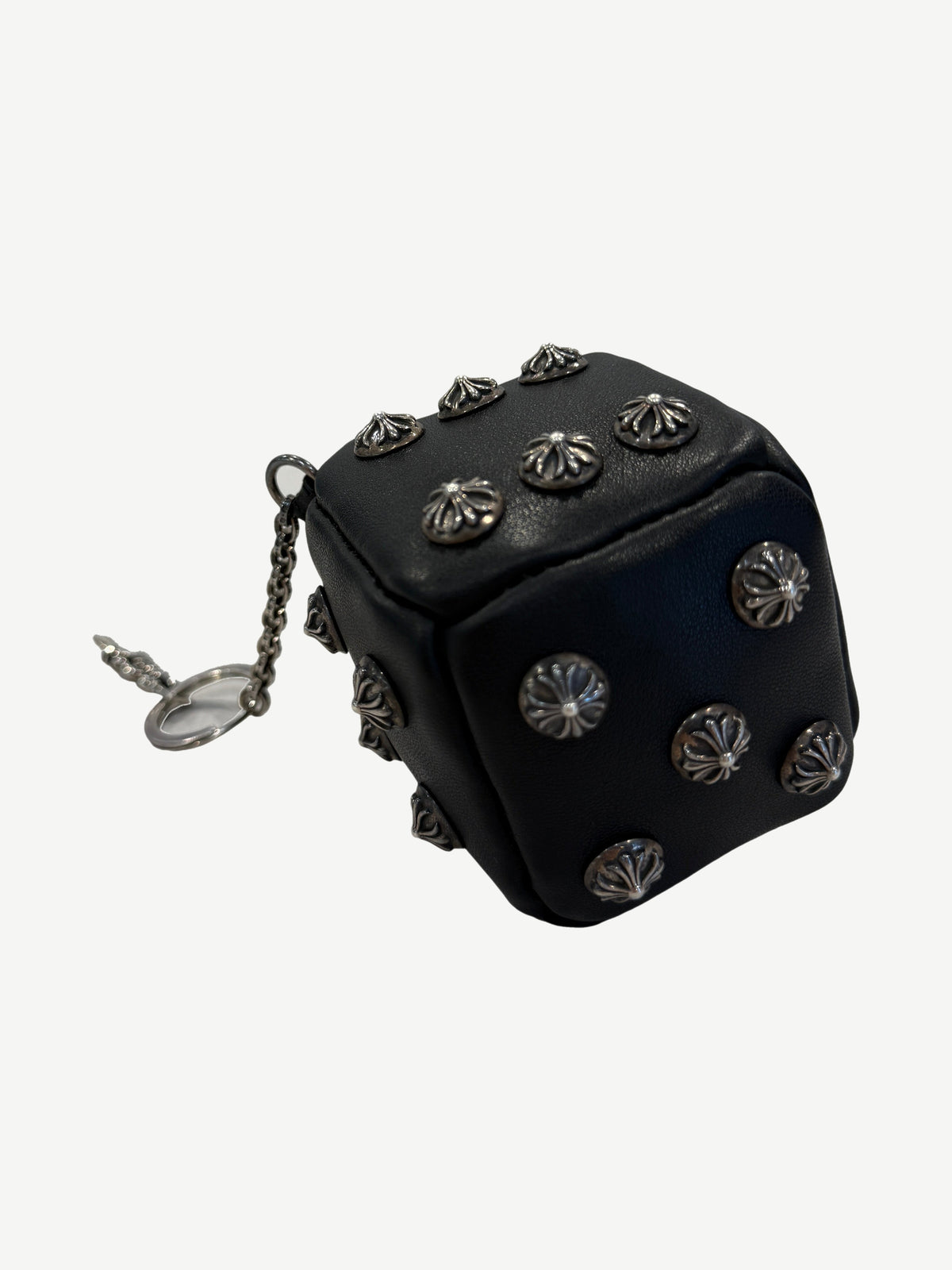 Chrome Hearts Black Leather Dice Studded Keychain with Dagger