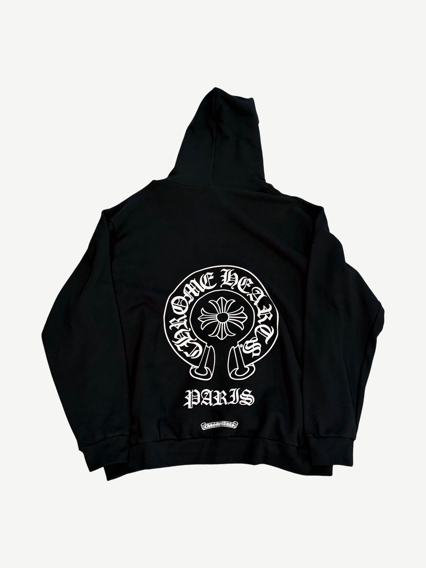 Chrome Hearts Paris horseshoe hoodie back in black with large white horseshoe logo and gothic Paris text