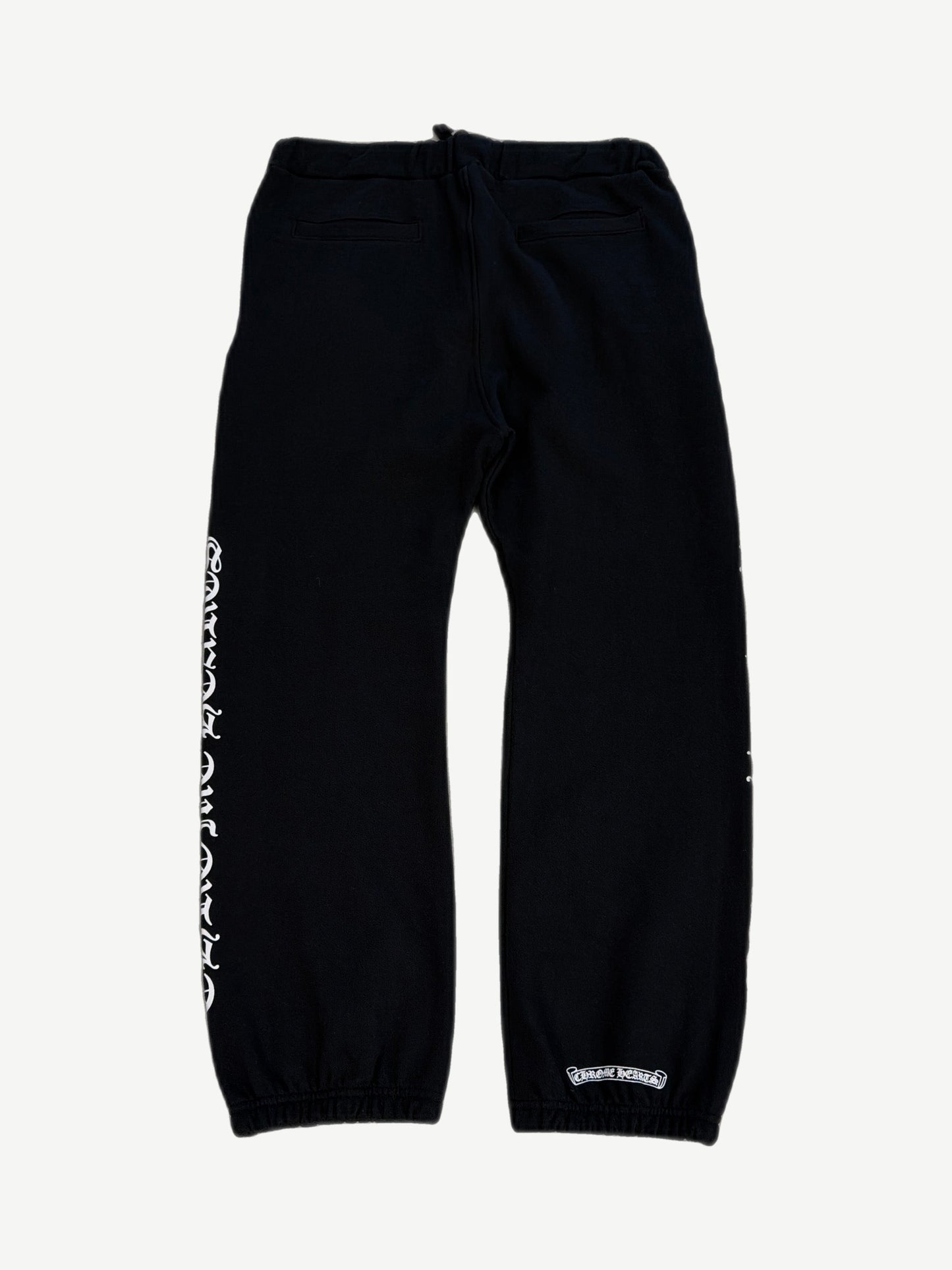 Chrome Hearts black scroll logo sweatpants back, gothic side print, welt pockets and scroll logo at ankle.