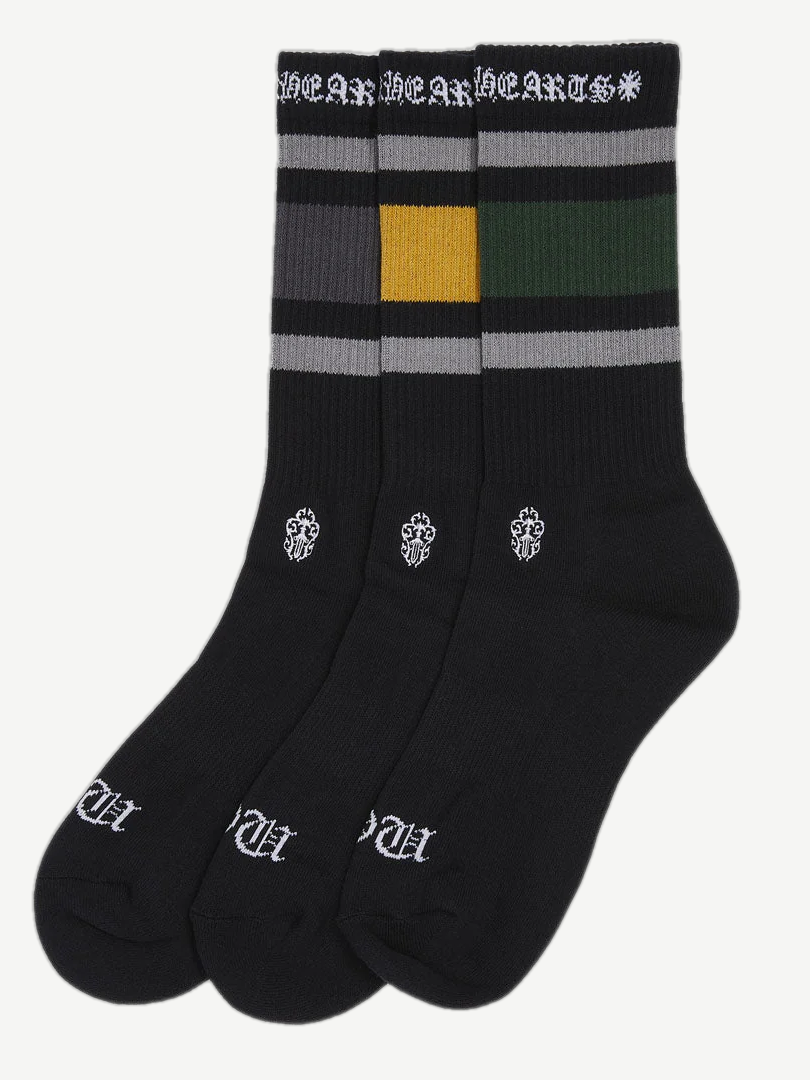 Chrome Hearts black crew socks 3-pack with white sport stripe cuffs in green, mustard yellow and gray colorways