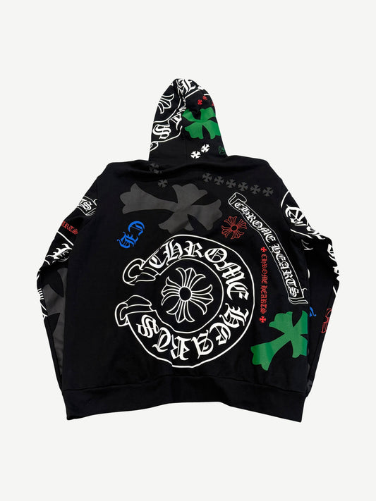 Chrome Hearts black stencil hoodie back with horseshoe logo, green clover patches and multicolored CH crosses