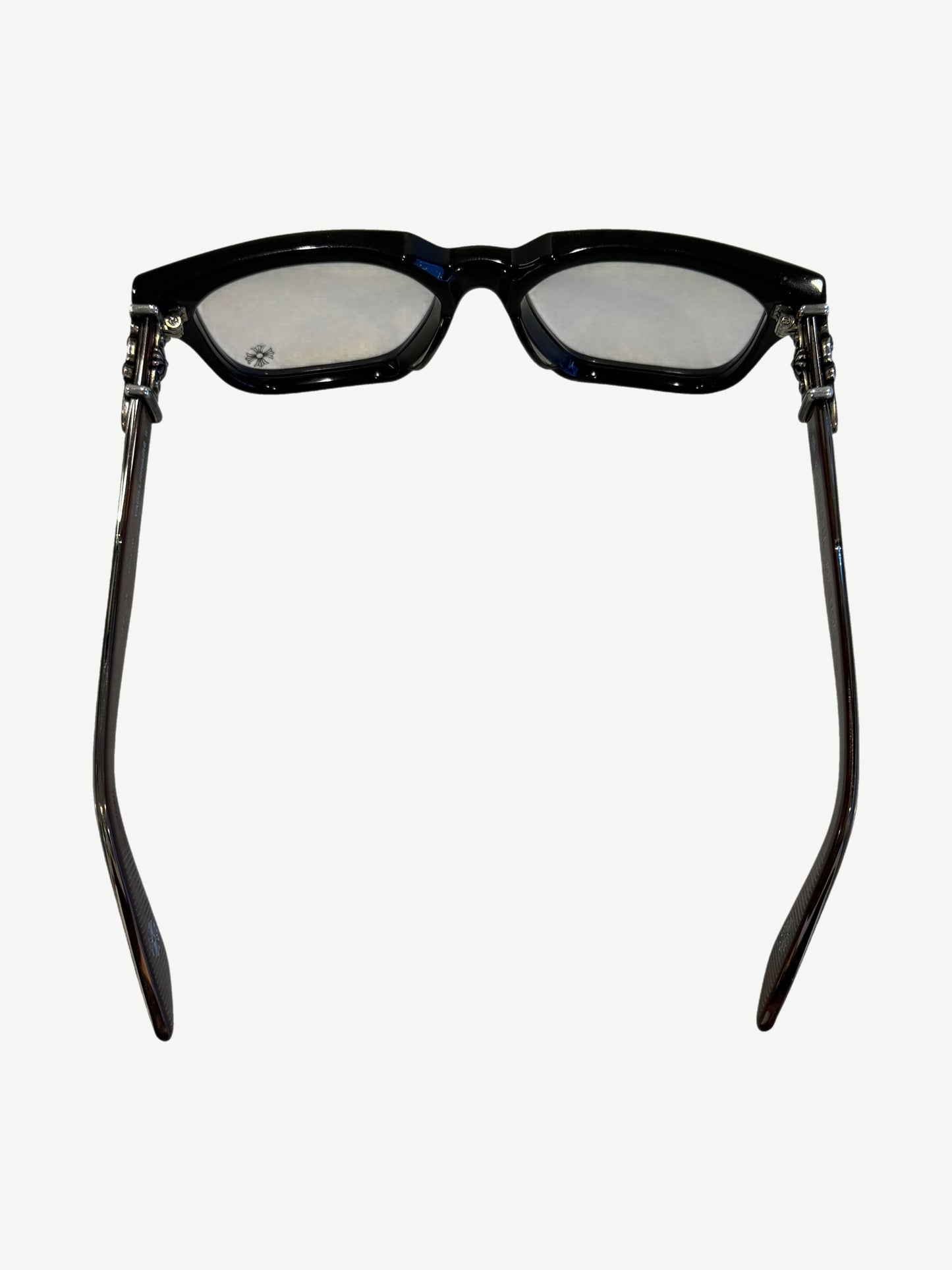 Chrome Hearts Vagillionaire glasses back view showing brown temples and silver engraved cross hinge hardware