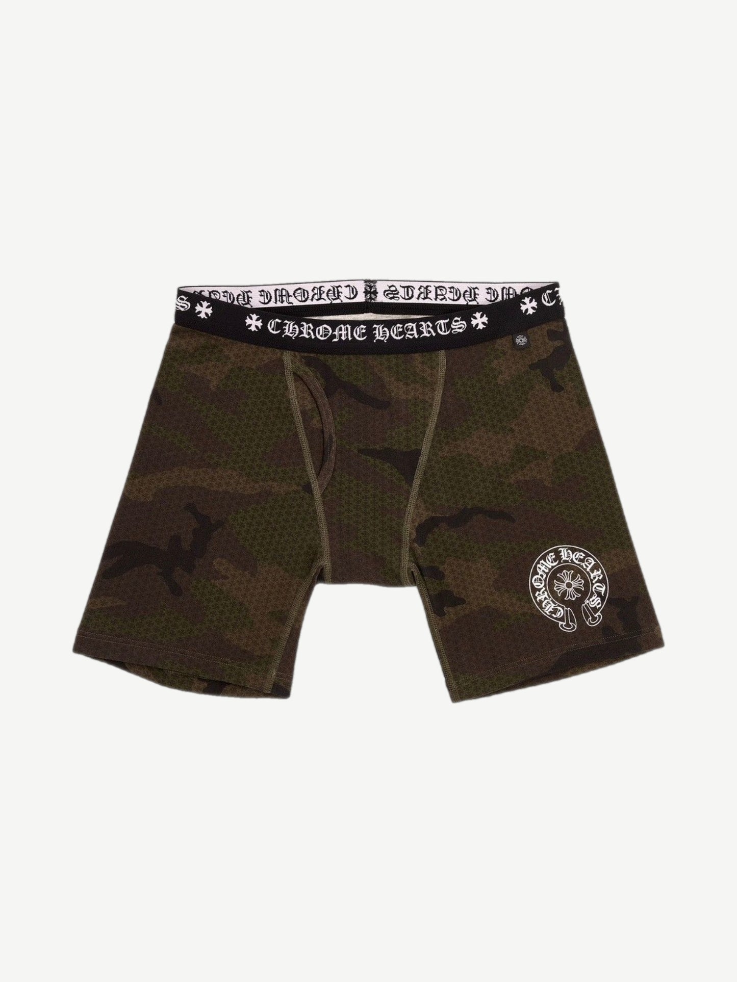 Chrome Hearts green camo long boxer brief front with branded waistband and horseshoe logo on right thigh