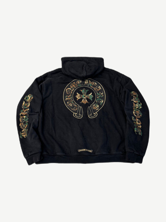 Chrome Hearts black thermal zip-up hoodie back with large camo horseshoe cross and sleeve gothic