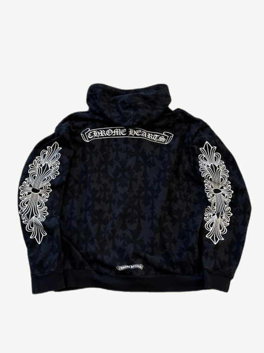 Chrome Hearts floral Cemetery zip-up back, white Chrome Hearts Old English bar print and cross sleeve graphics.