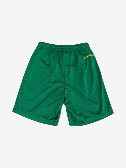 Chrome Hearts green mesh basketball shorts rear view with yellow embroidered banner logo on waistband