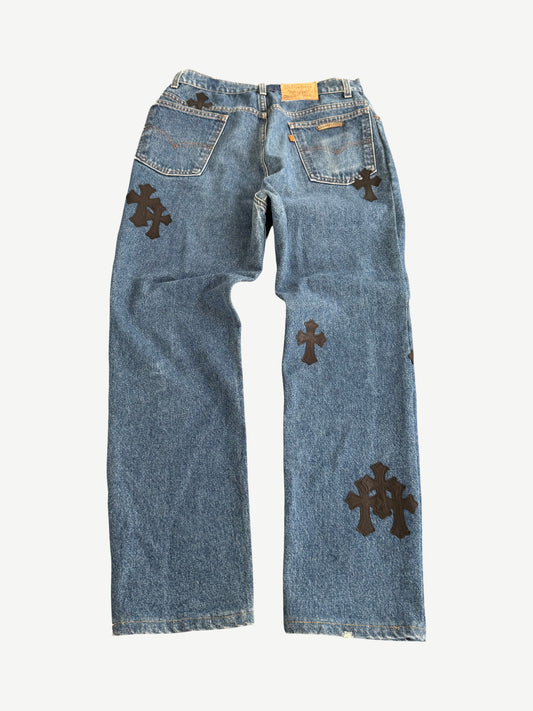 Chrome Hearts Levis 517 dark wash bootcut jeans back showing classic Levis pockets and custom leather Chrome Hearts patch