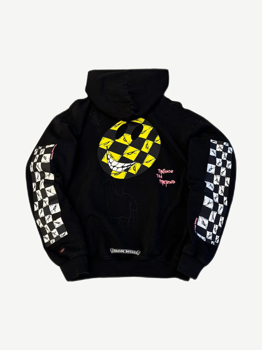 Chrome Hearts Matty Boy hoodie back, yellow checkered eye smiley face with pink Pretense The Pretend text.