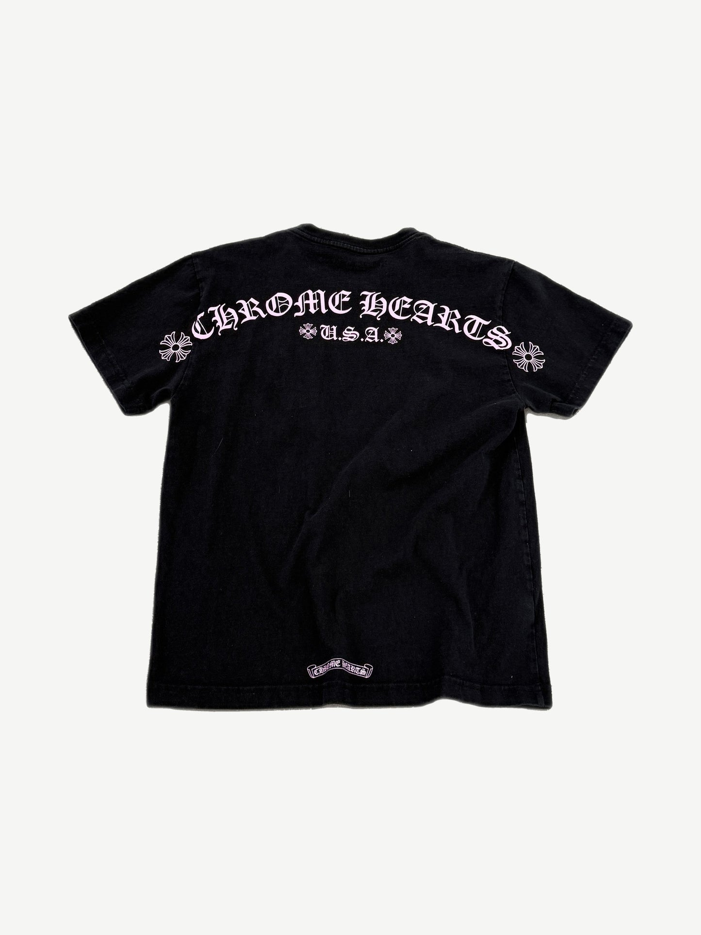 Back of Chrome Hearts Matty Boy black tee with pink Chrome Hearts USA arched shoulder logo print