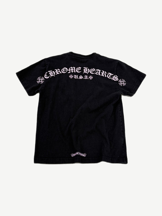 Back of Chrome Hearts Matty Boy black tee with pink Chrome Hearts USA arched shoulder logo print