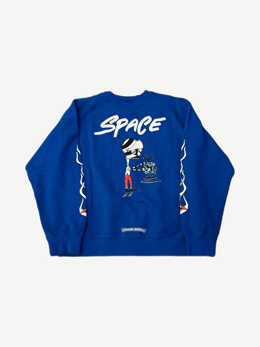 Chrome Hearts Matty Boy blue crewneck back with SPACE script and astronaut holding earth graphic