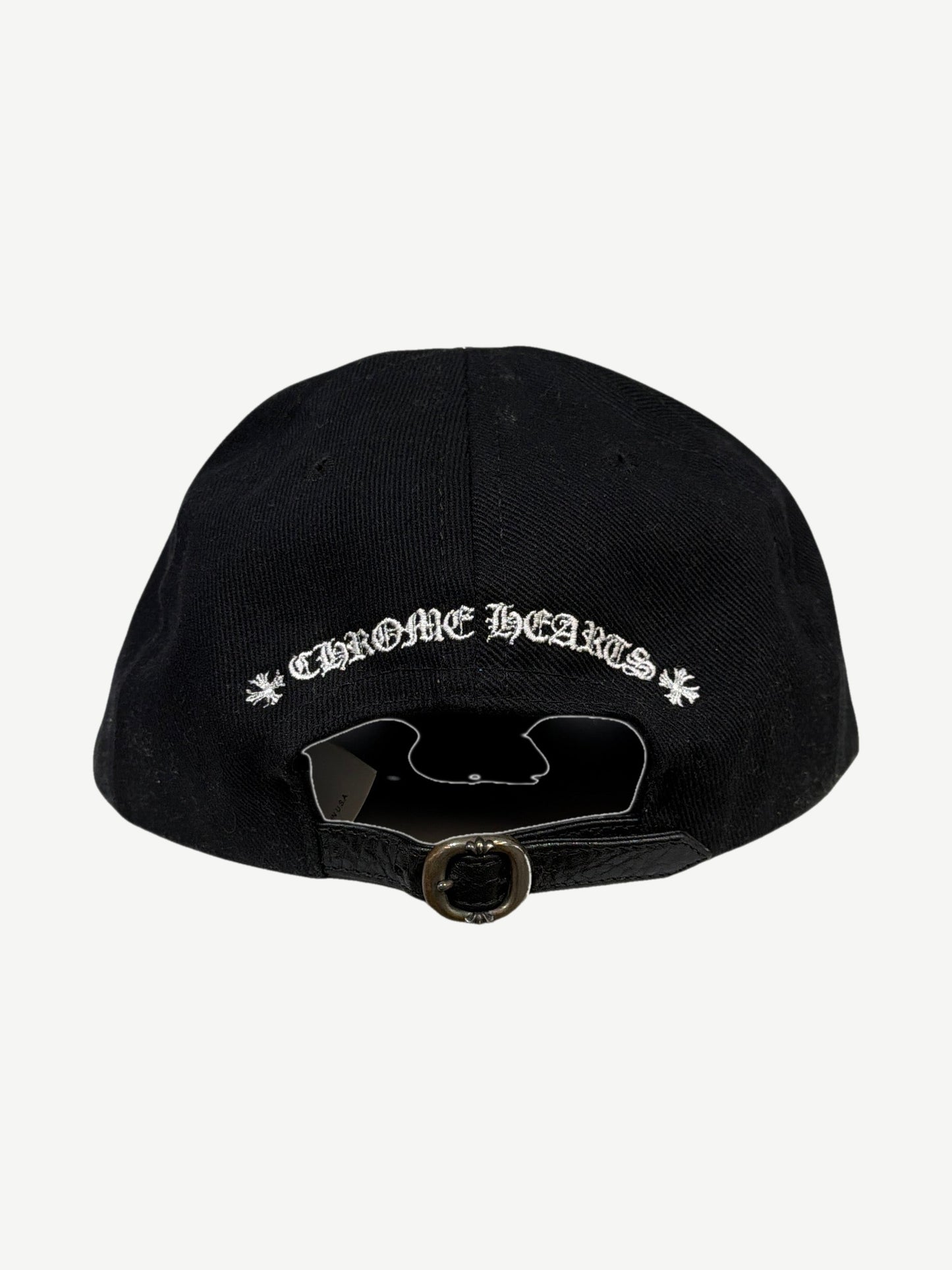 Back view of Chrome Hearts Matty Boy black cap with Chrome Hearts script embroidery and leather strap