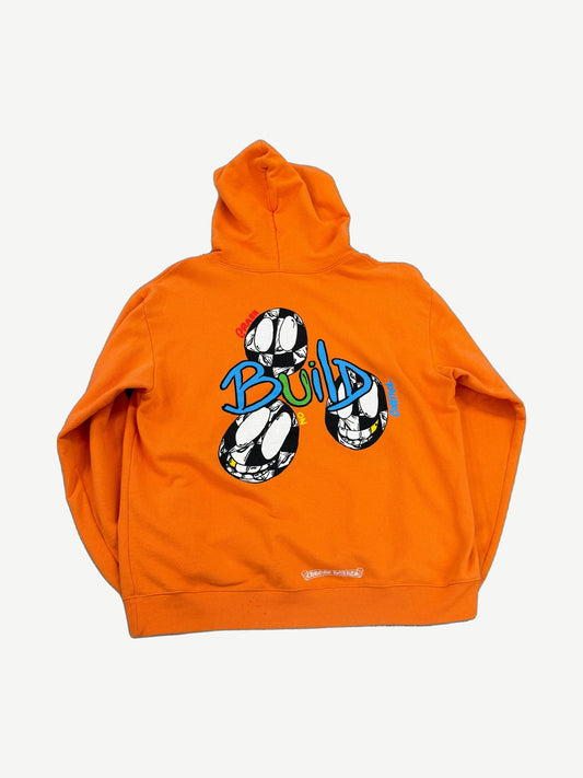Chrome Hearts x Matty Boy orange Build hoodie back with multicolor Build graphic and soccer balls