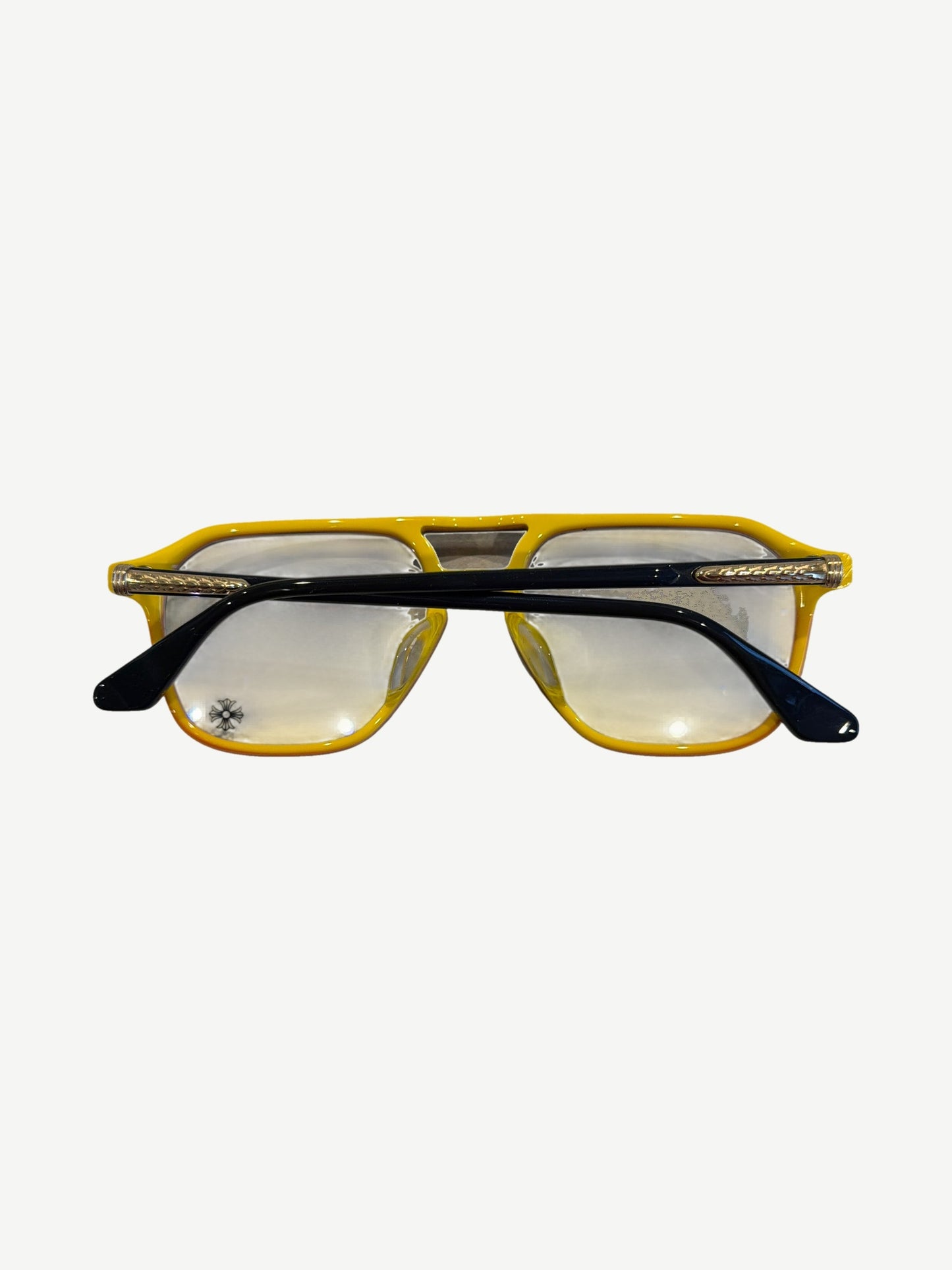 Chrome Hearts Zipher aviator glasses folded showing orange front rim, black temples and silver engraved hardware