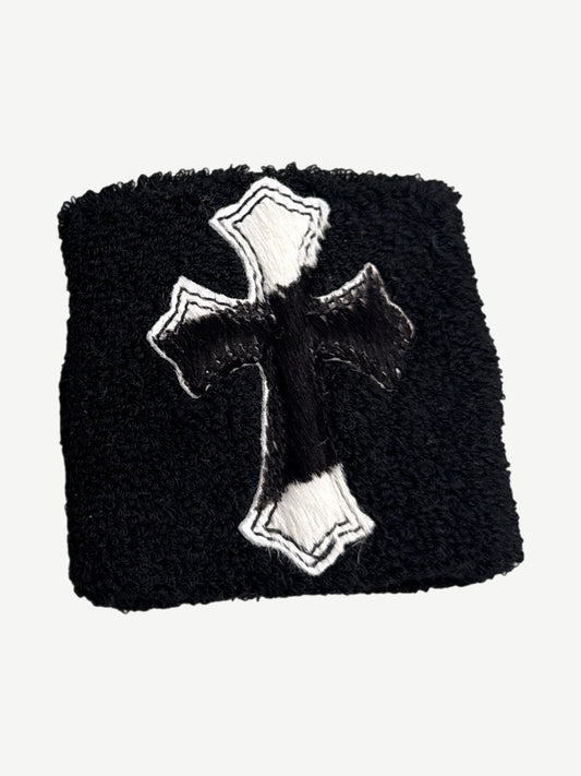 Chrome Hearts black terry sweatband single view with stitched pony hair cross patch and gothic outline