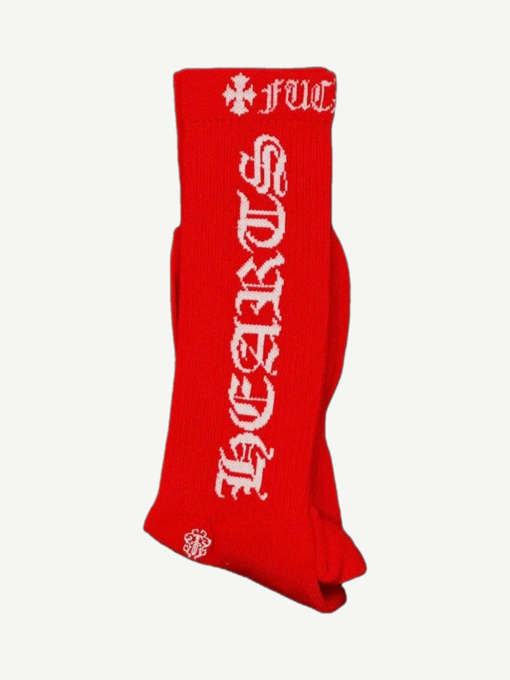 Chrome Hearts red and white striped crew socks with CH cross logo intarsia at cuff, pair laid flat
