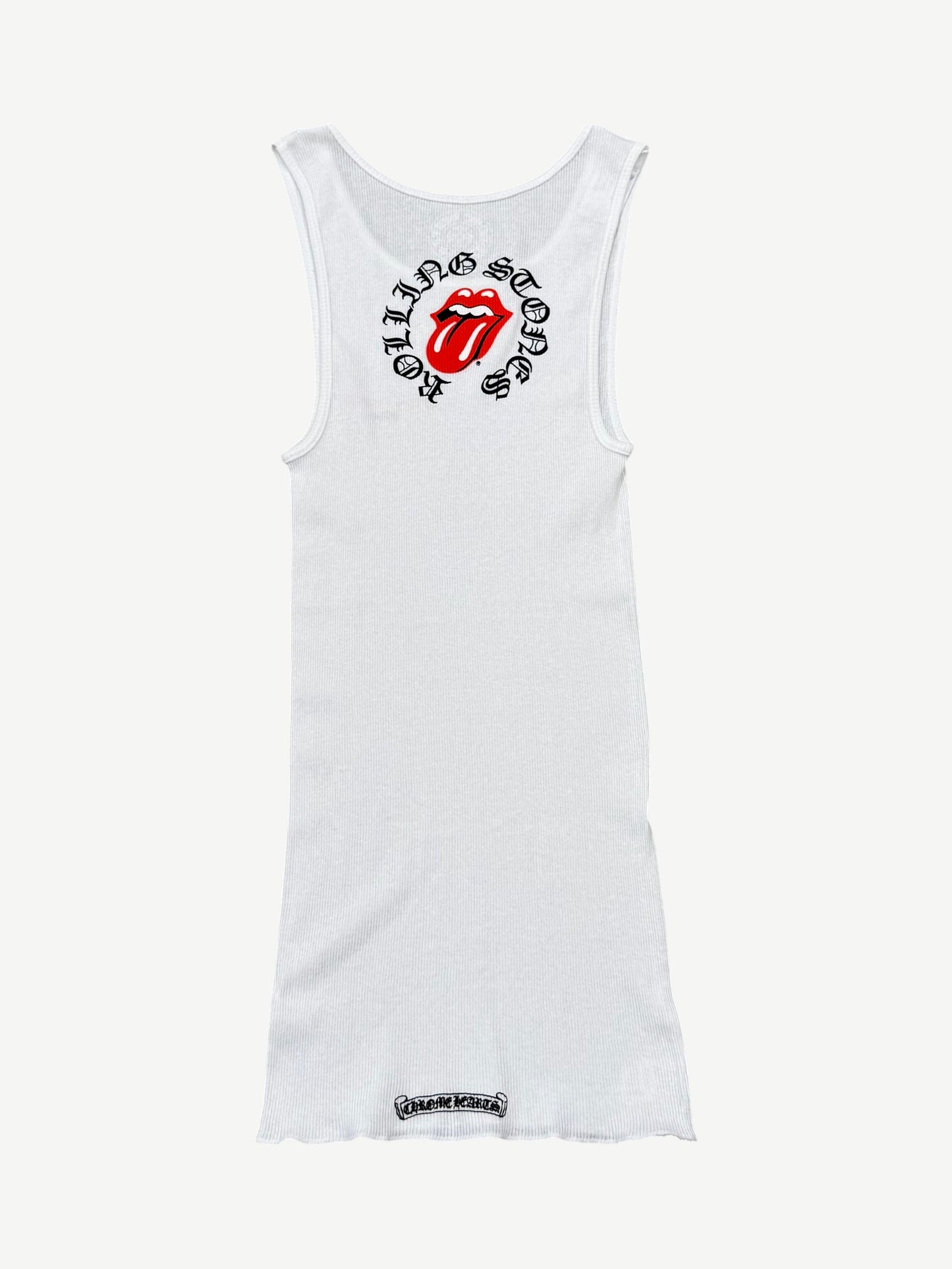 Chrome Hearts Rolling Stones Vegas tank back in white with bold black gothic Chrome Hearts text and graphic