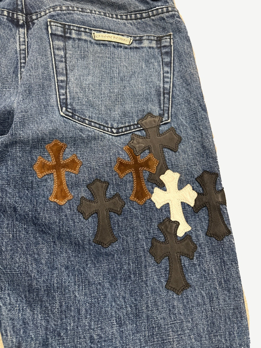 Chrome Hearts Turbo Diesel blue denim jeans hem and inseam detail with vintage distressing