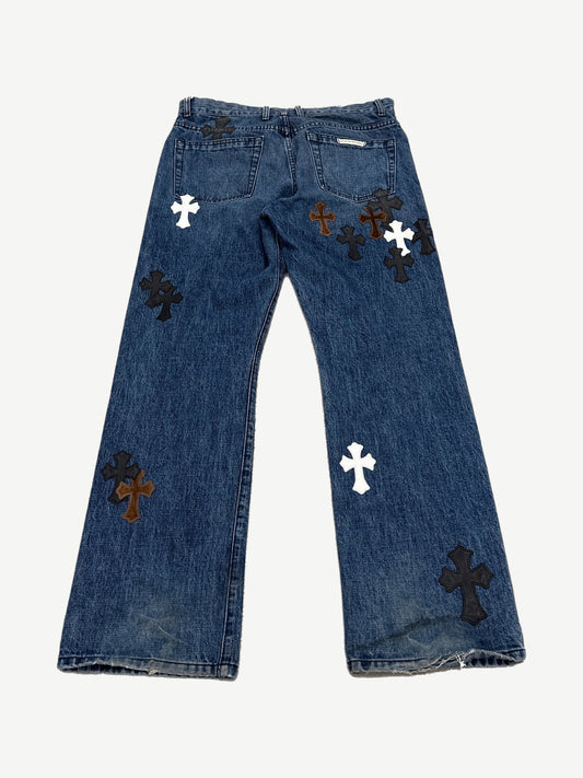 Chrome Hearts Turbo Diesel blue denim jeans back with stitched cross patch on rear pocket