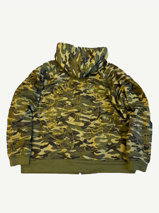 Back of Chrome Hearts vintage camo zip hoodie showing green and tan woodland pattern with hood up